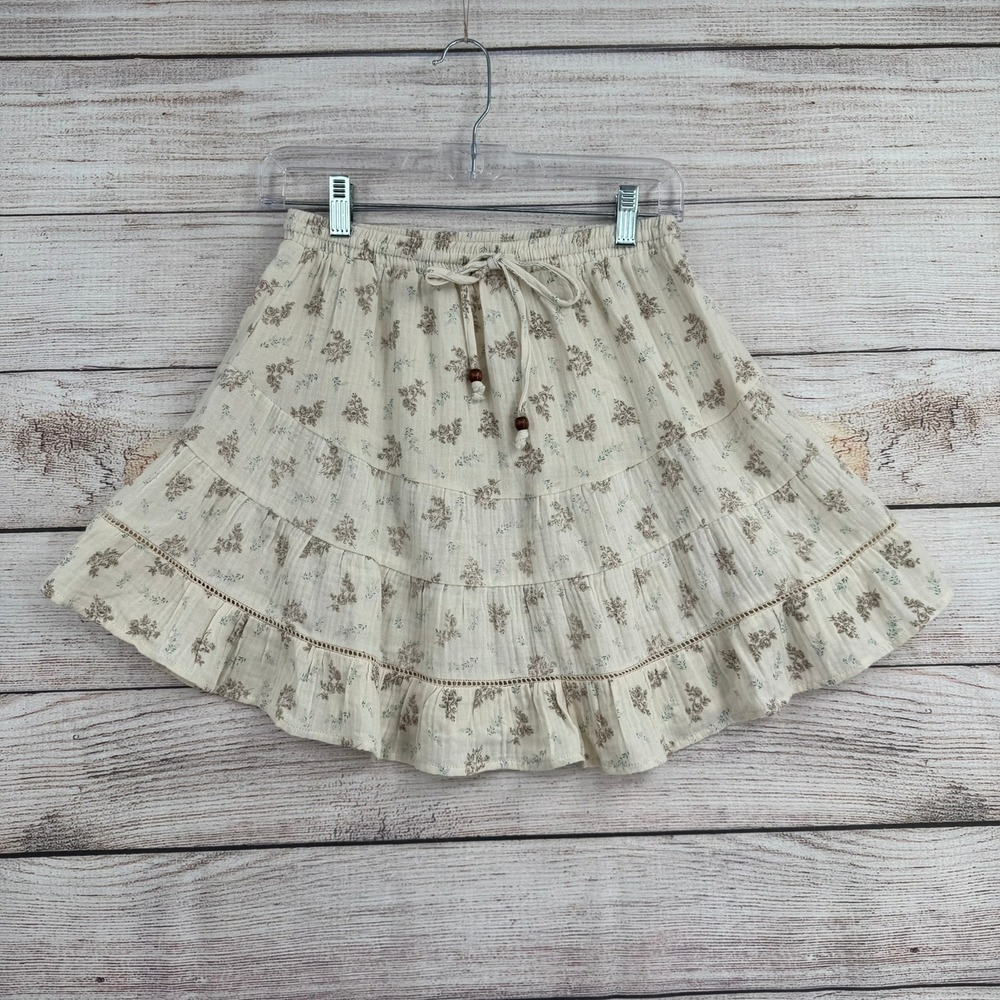 Olivaceous Mini Skirt Womens Small Cream Floral Tiered Cotton Boho S2200-464LSH